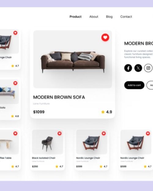 E-commerce UI Design with a trending pastel color palette for a furniture shop website landing page. The design features modern, minimalist, and clean UI/UX elements, such as a product card list, form fields, and filters for style and sofa type. The UI mockup has a gradient background and was created using design tools like Dribbble, Figma, and Behance